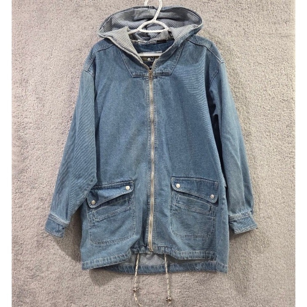 Andy Johns Denim Utility Jacket Women Large Blue Hooded Oversized 90s Barn Coat